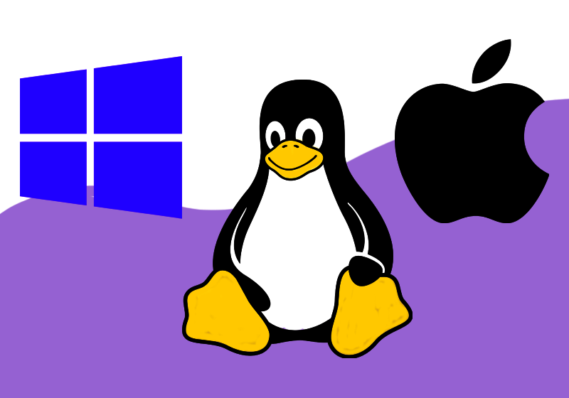 picture of major operating system logos - windows, apple, and tux the linux penguin