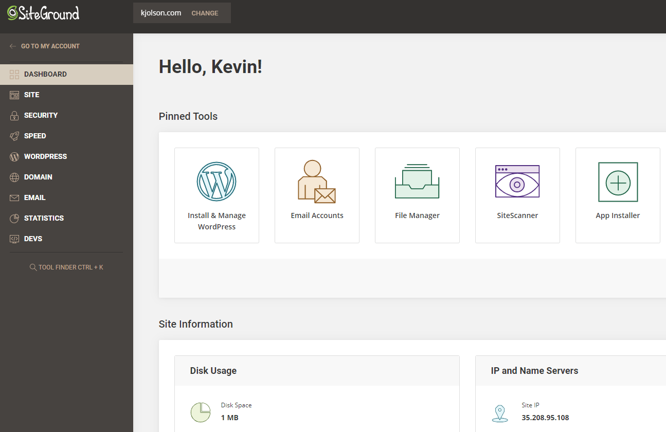 a screenshot of the siteground backend control panel