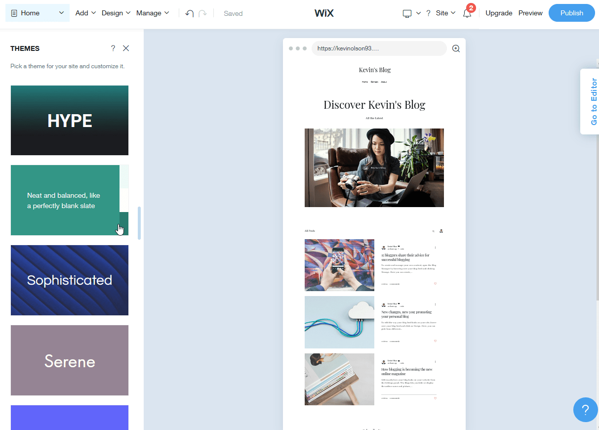 screenshot of some built in wix template selection options