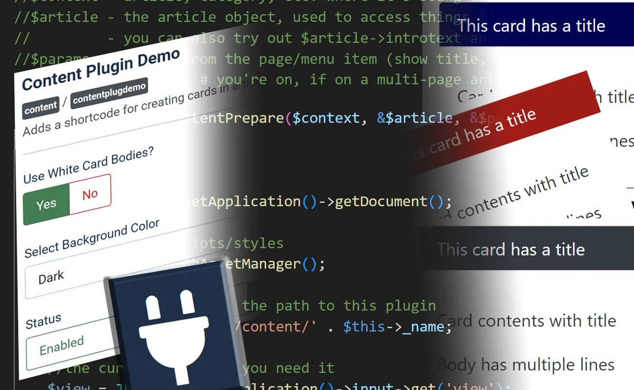 collage of code, plugin logo