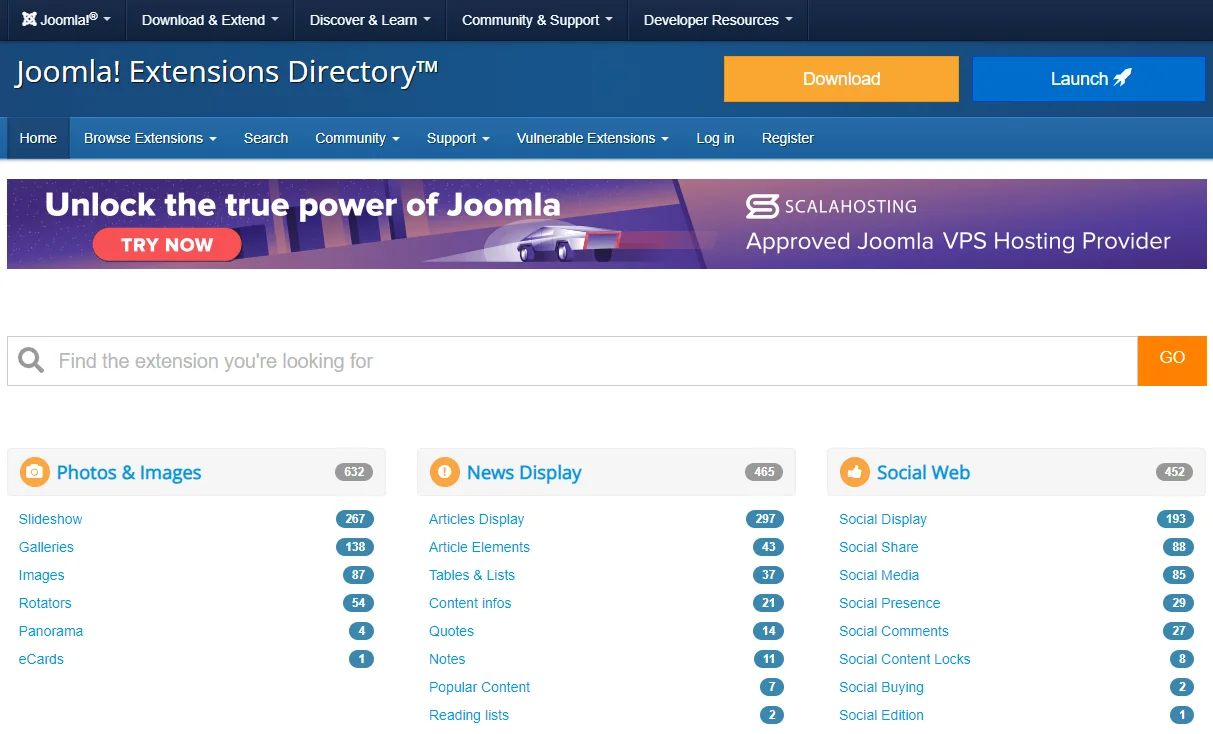 screenshot of the joomla extensions directory JED