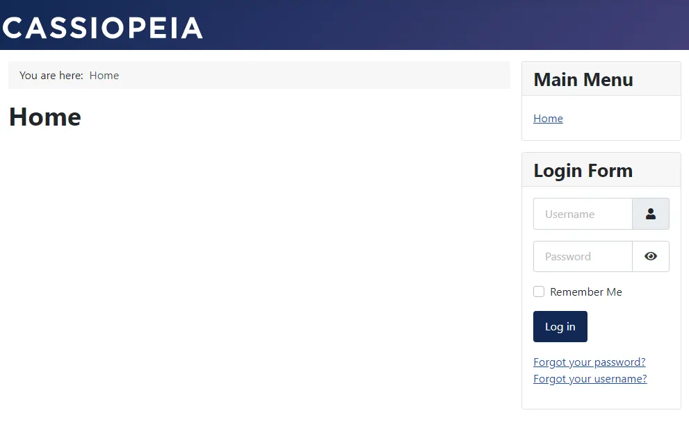 screenshot of joomla 4 front end with no content and the default cassiopeia template