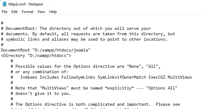 screenshot of editing the document root option in apache