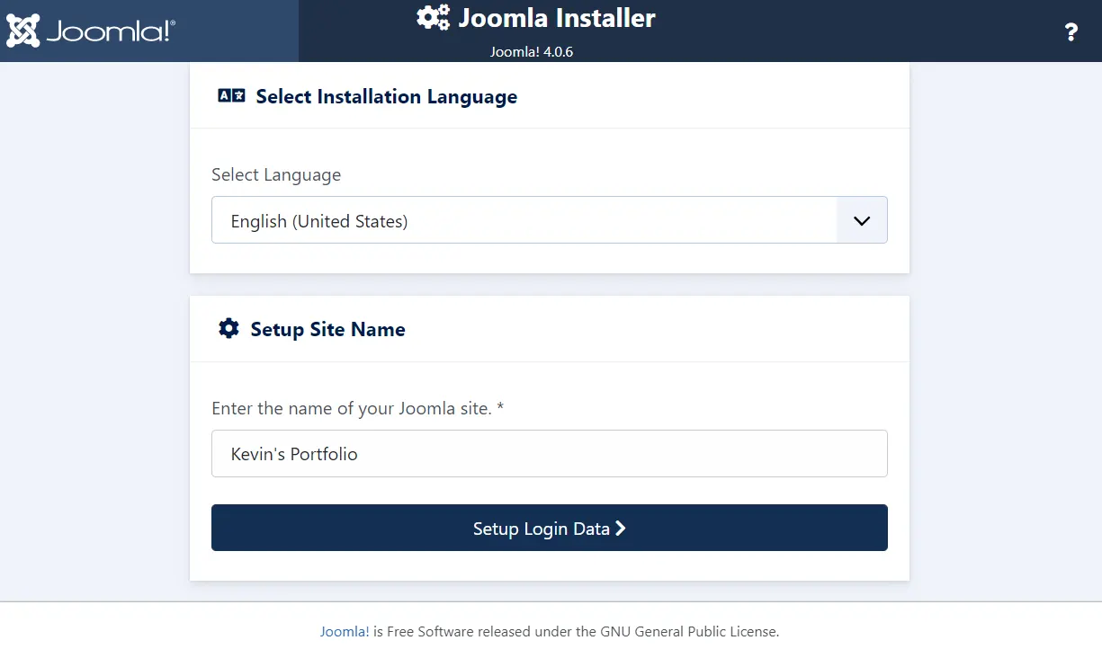 screenshot of first page of joomla 4 installation wizard