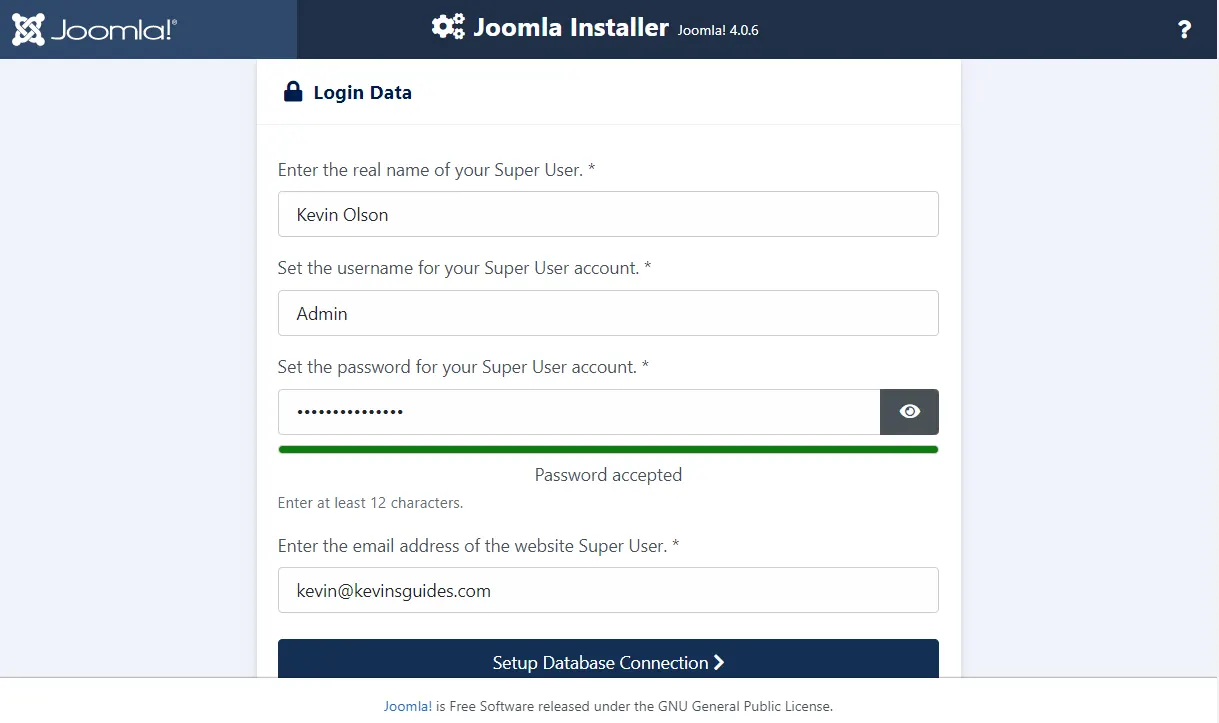 screenshot of second page of joomla 4 install wizard where user details are entered