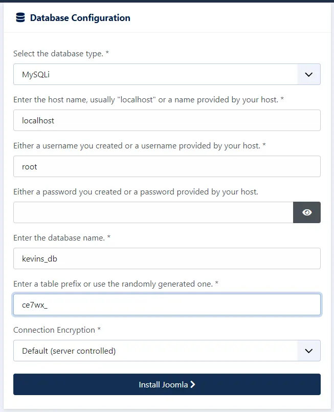 screenshot of setting up joomla 4 database information in install wizard