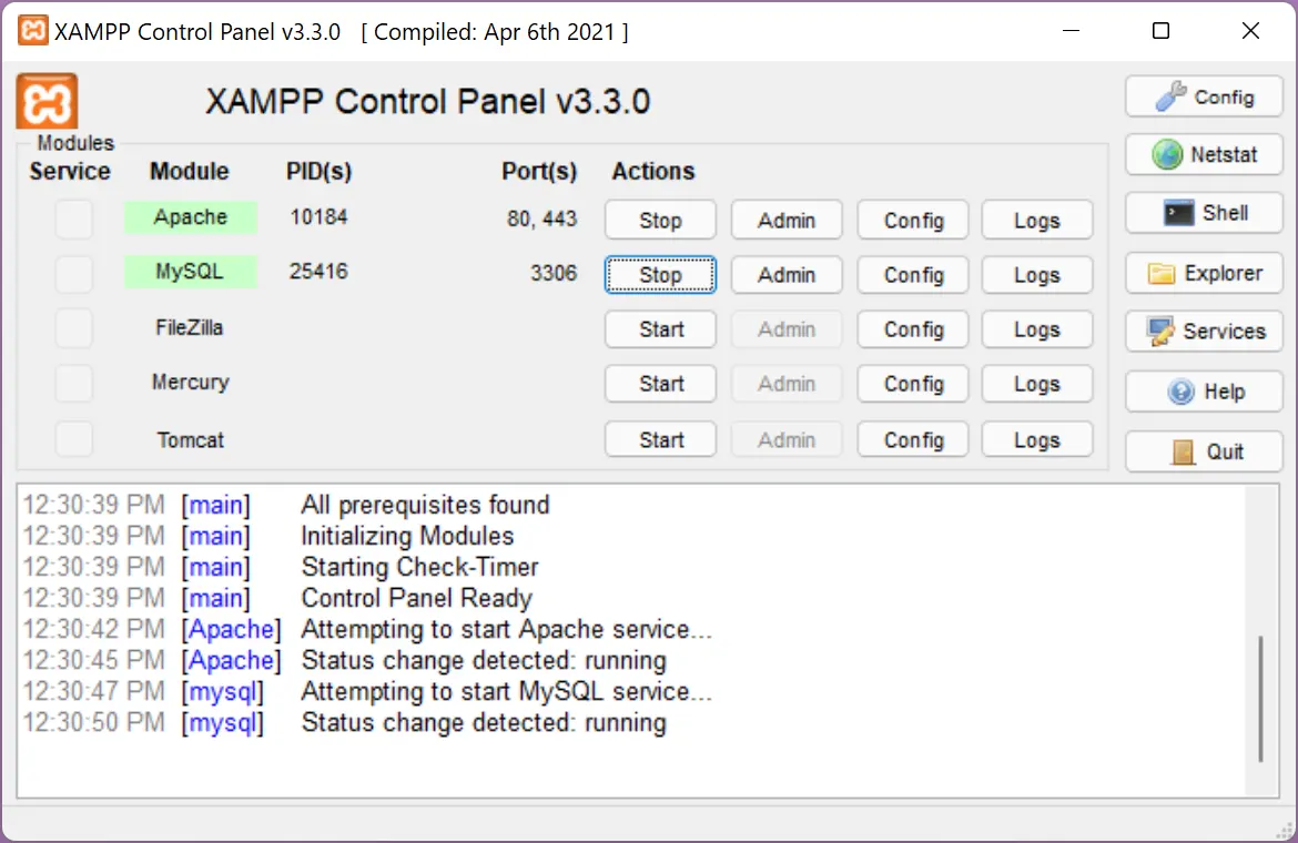 screenshot of xampp control panel with services running