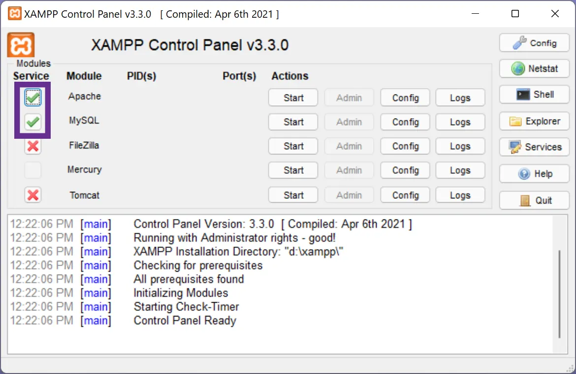 screenshot of the xampp cpanel with services highlighted