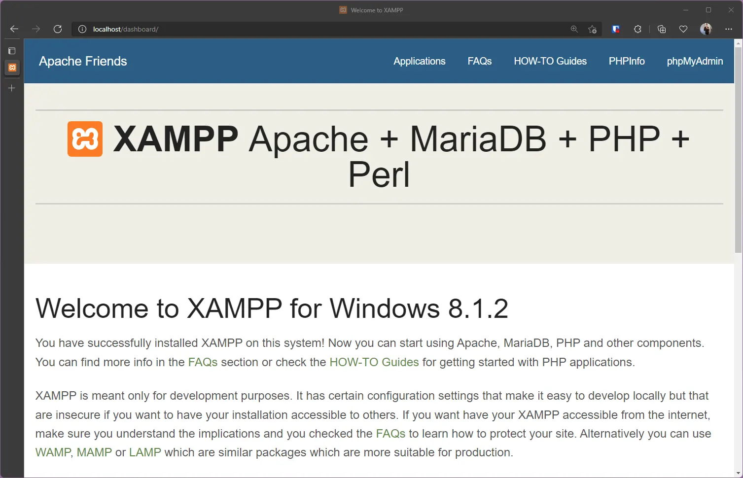 screenshot of the xampp welcome page in dashboard