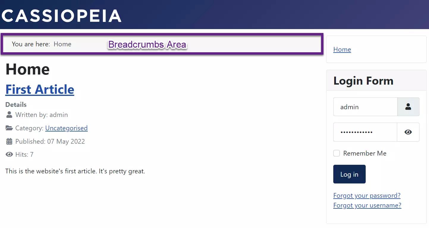 screenshot of breadcrumbs area
