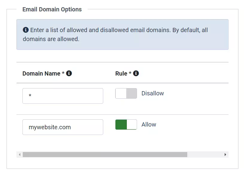 screenshot of email domain options set to block all domains except my website