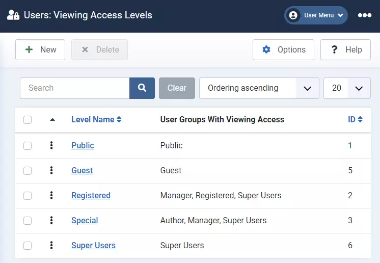screenshot of access levels page