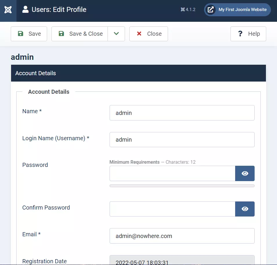 screenshot of the user account details tab