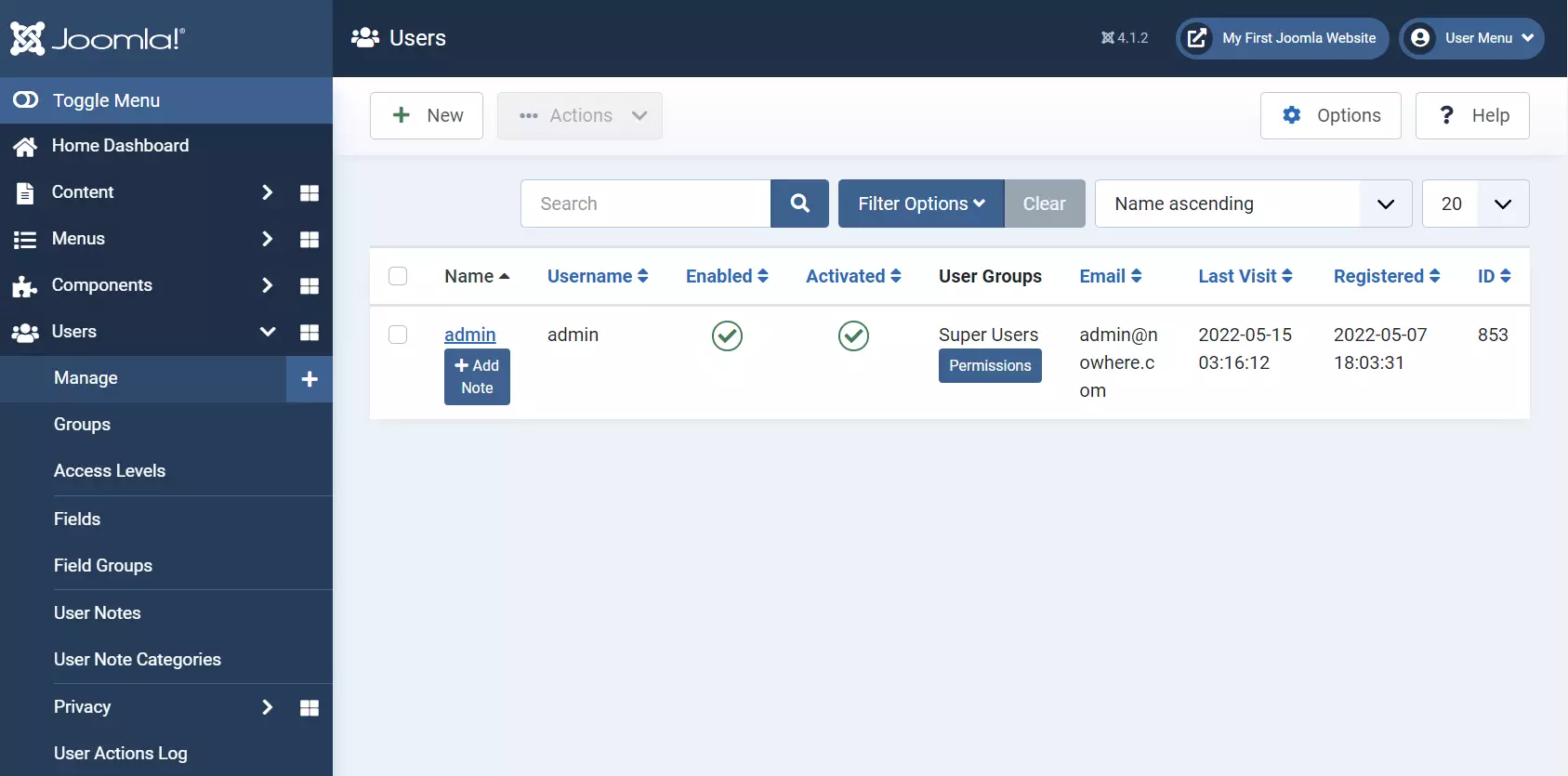 screenshot of the user manager page in admin panel