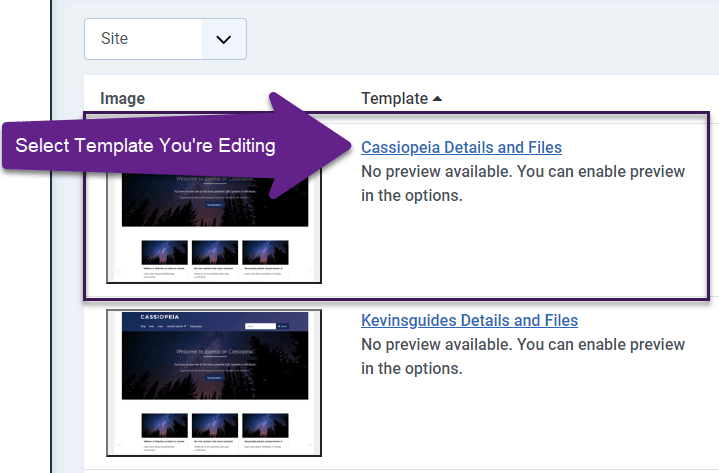 screenshot of selecting a template to edit in joomla 4