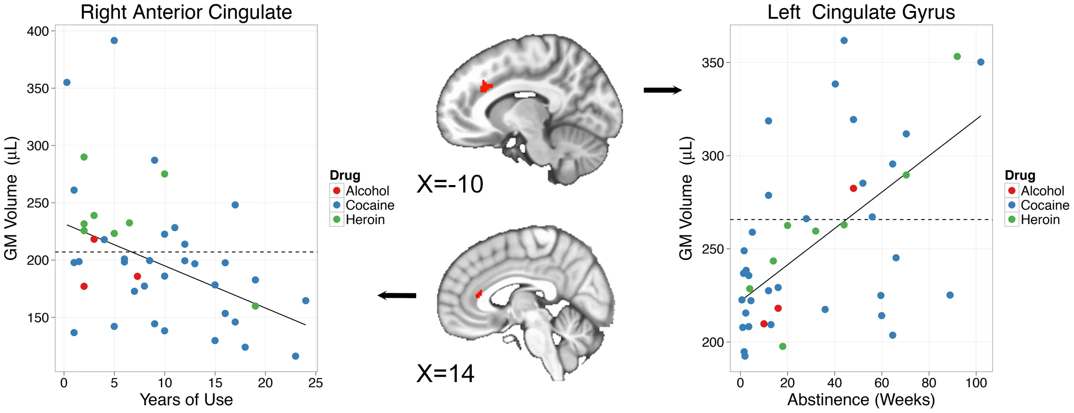 Grey Matter Decreases After Years of Use Decreases in grey matter with years of use (left) and increases in grey matter with weeks of abstinence (right)