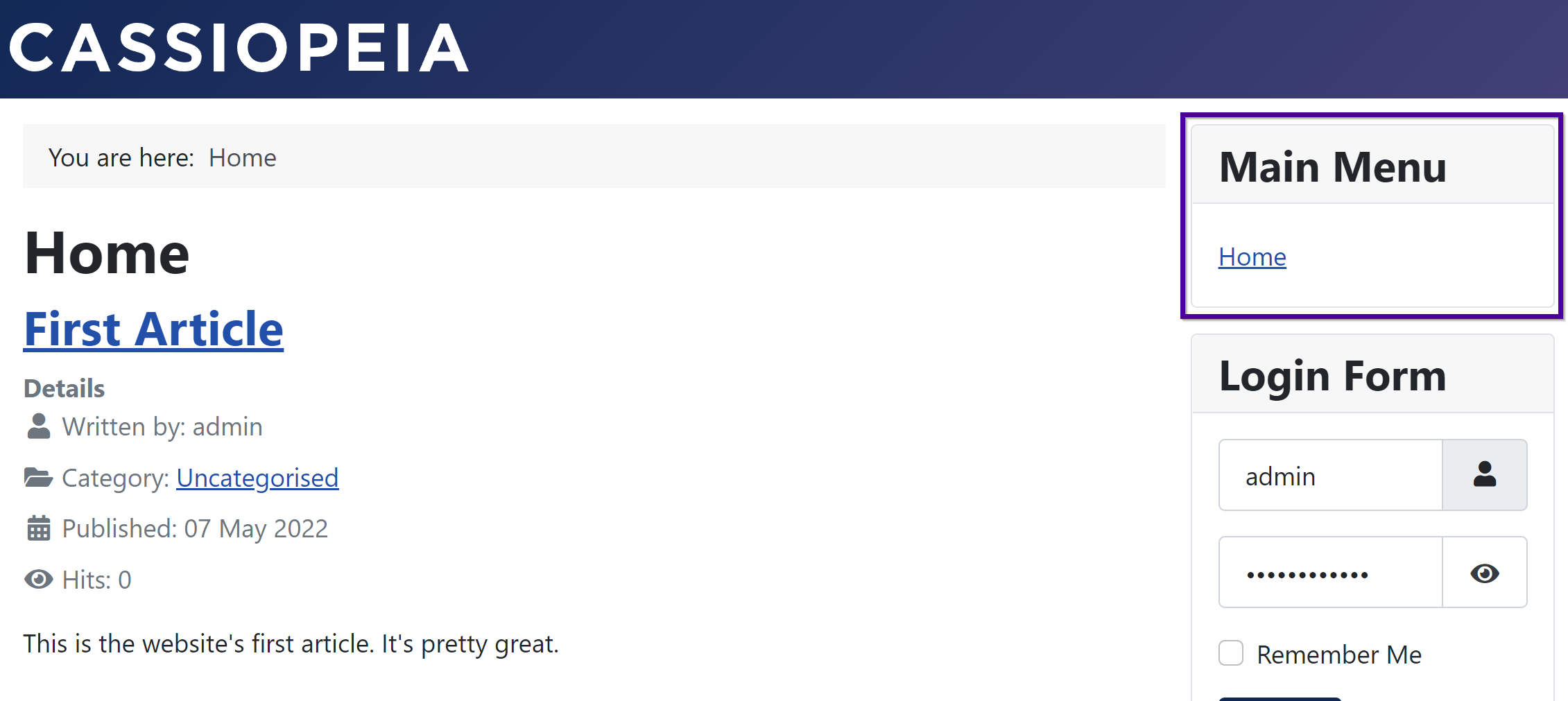 The home page with main menu on the right.