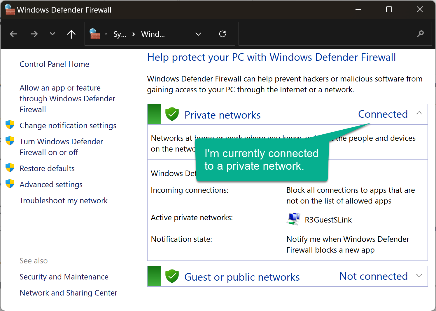 Identify Network Type screenshot of network type displayed in firewall settings of control panel