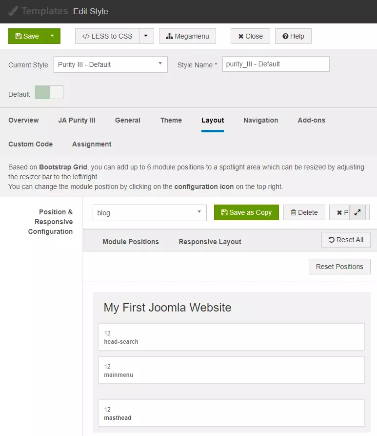 JA Purity Style Settings