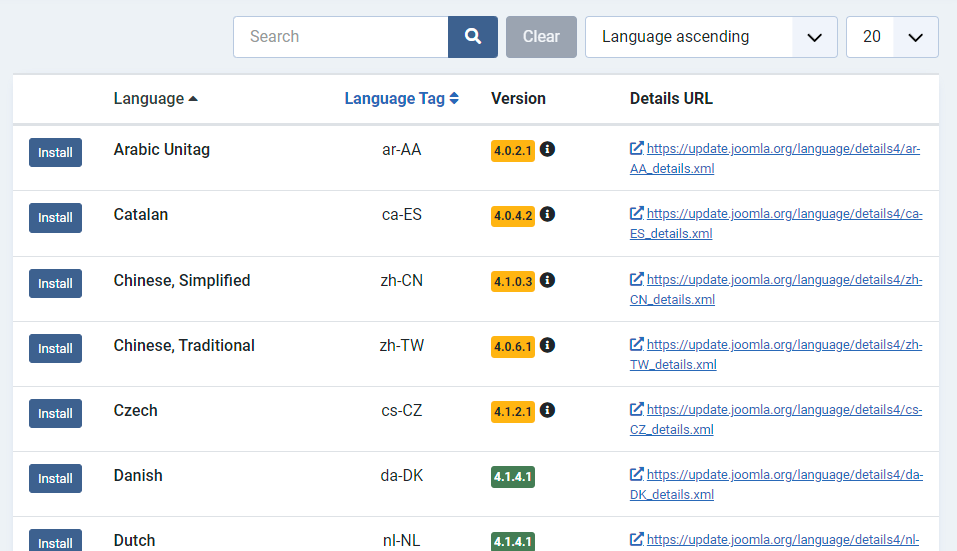 Find language and click install
