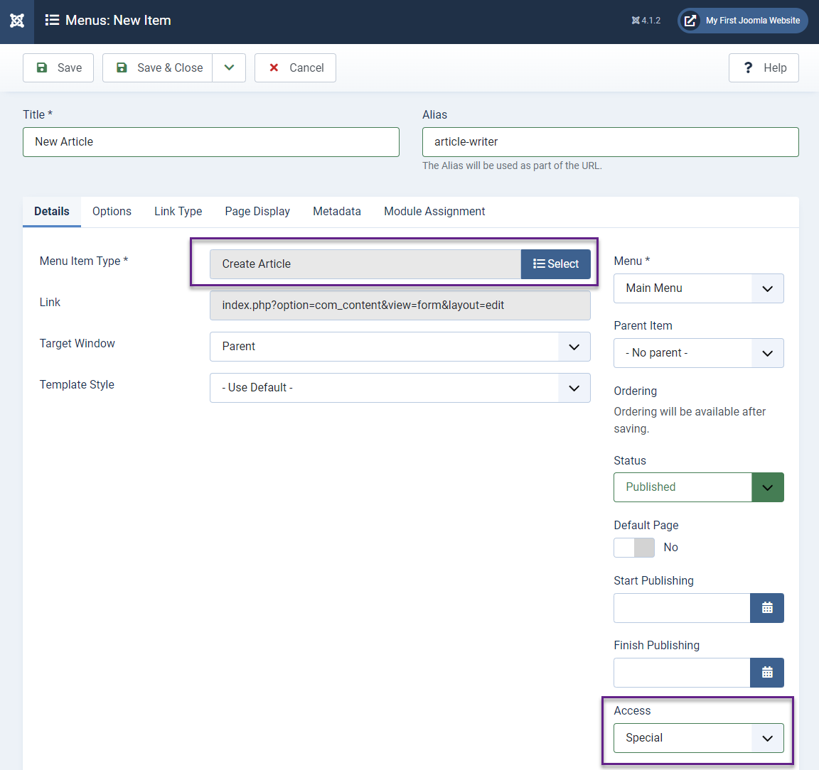 Creating a new article menu link