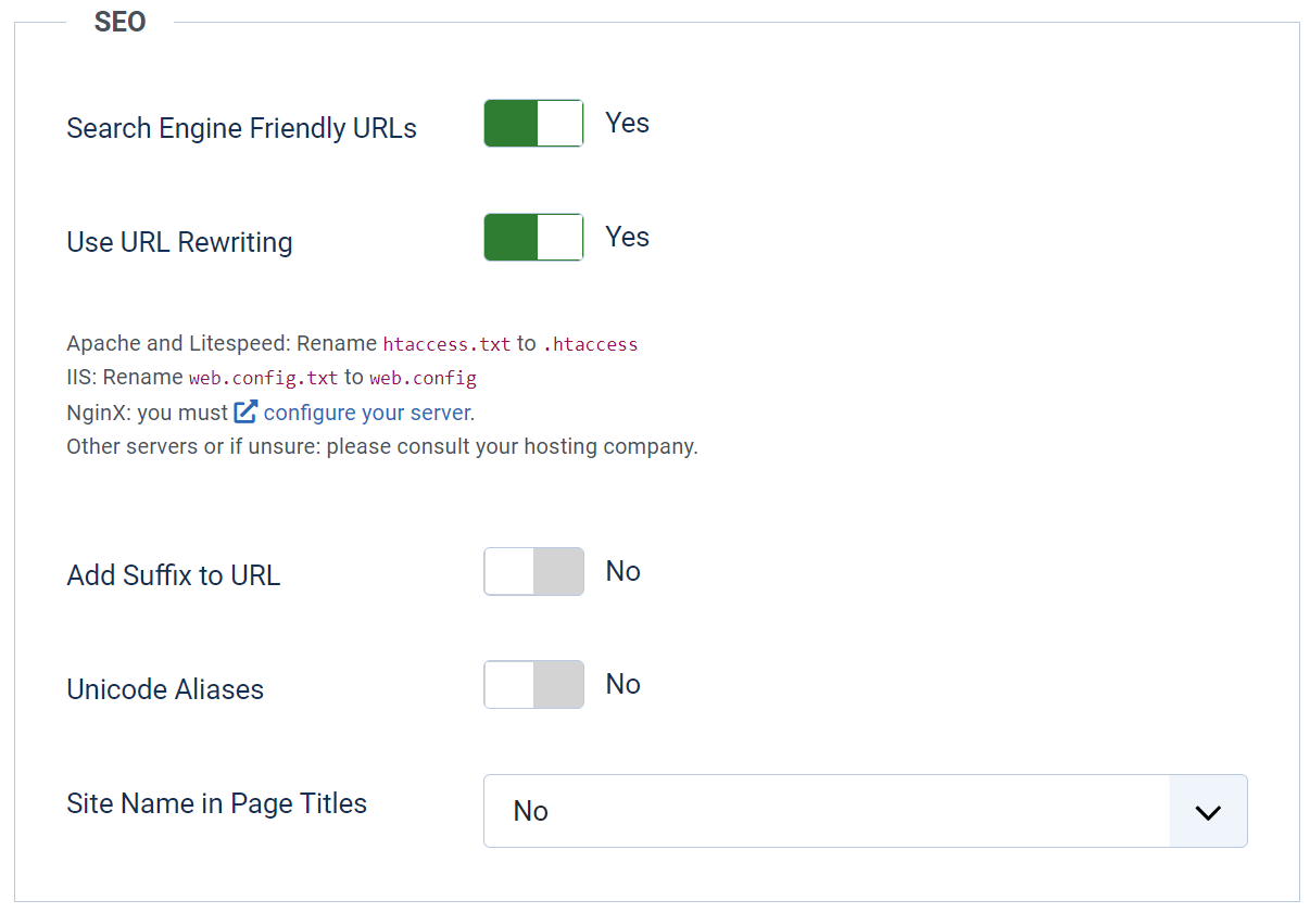 The SEO section of the Global Configuration