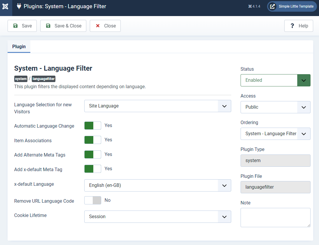 System Language Filter Plugin Settings